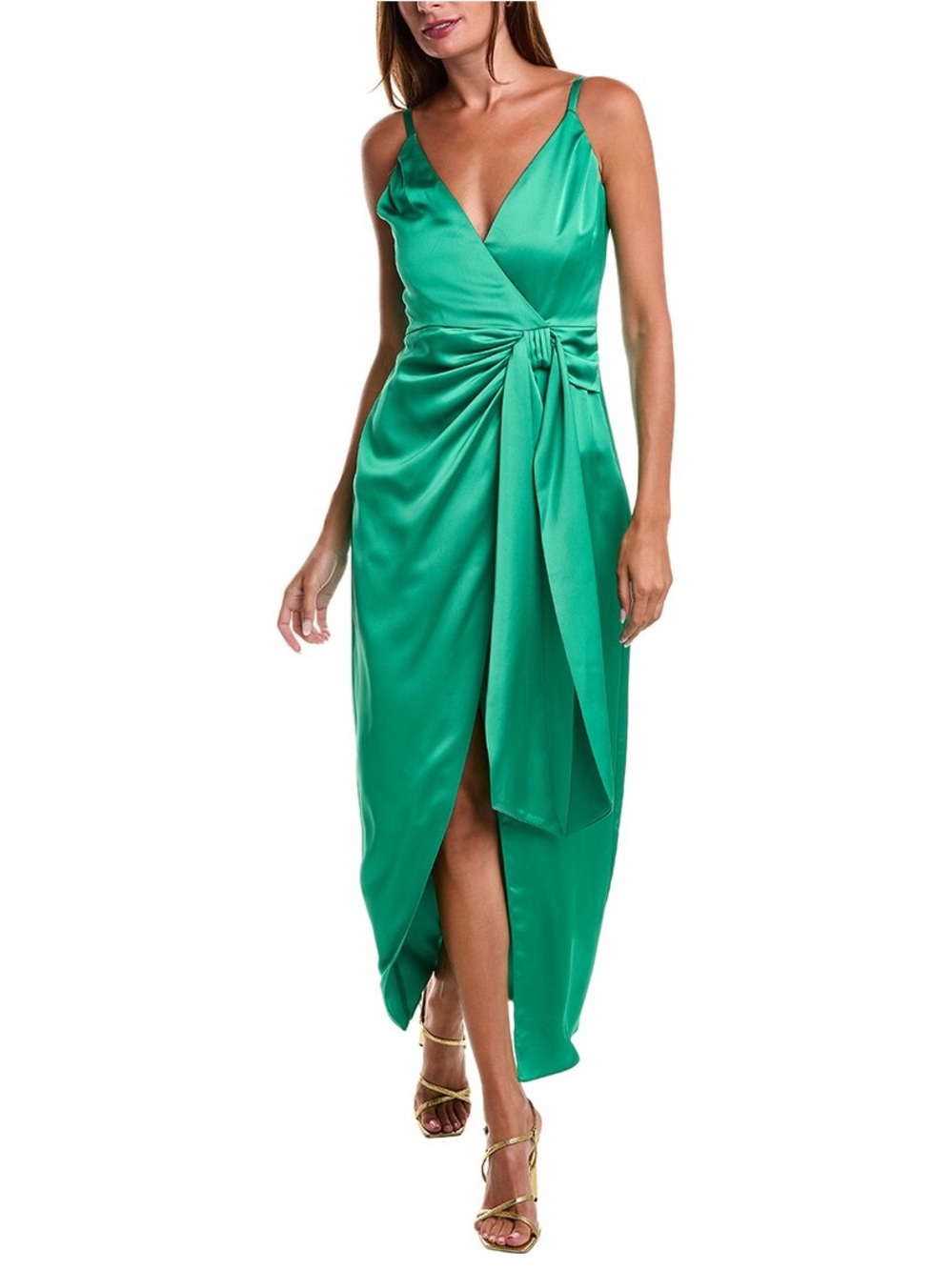 Ramy Brook Green Satin Wrap Midi Dress with Side Tie - Kerrin Dress